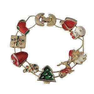 Vintage Avon-Style Christmas Holiday Enamel Gold Tone Charm Bracelet